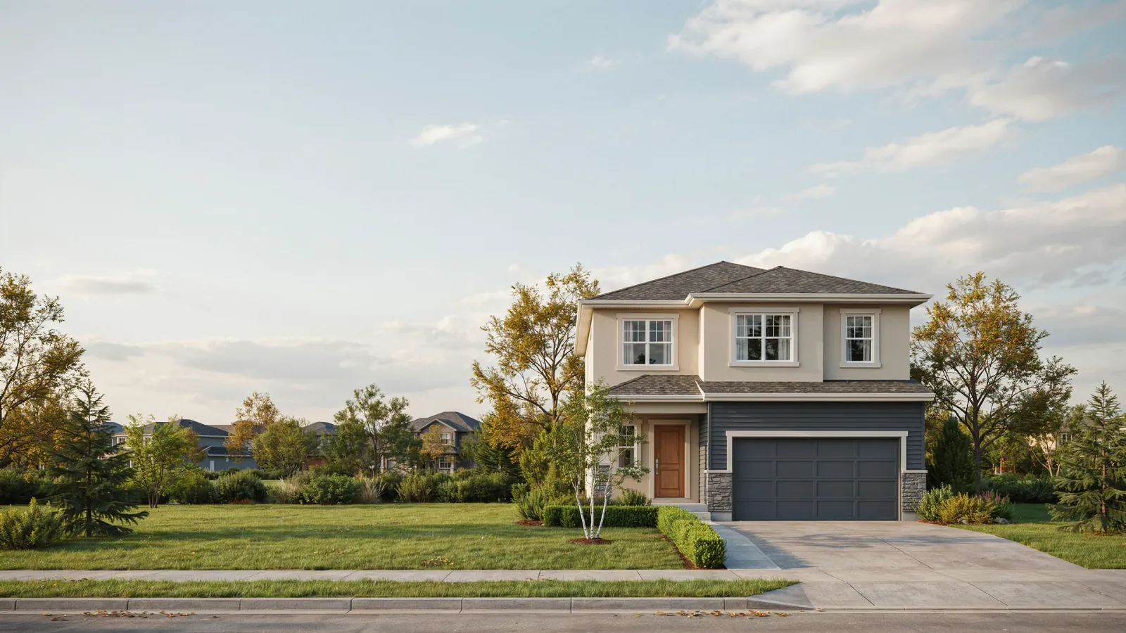 A two storey suburban house at dusk, a home whose owner is behind on mortgage payments in Cochrane