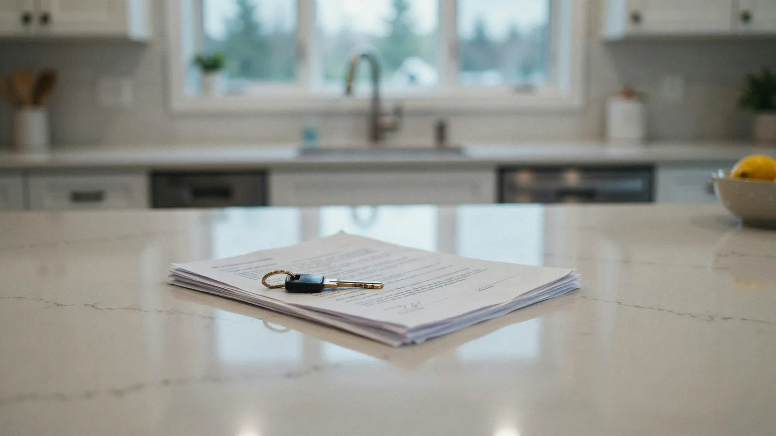 House keys resting on sale paperwork on a kitchen counter, a cash offer on a home in Cochrane