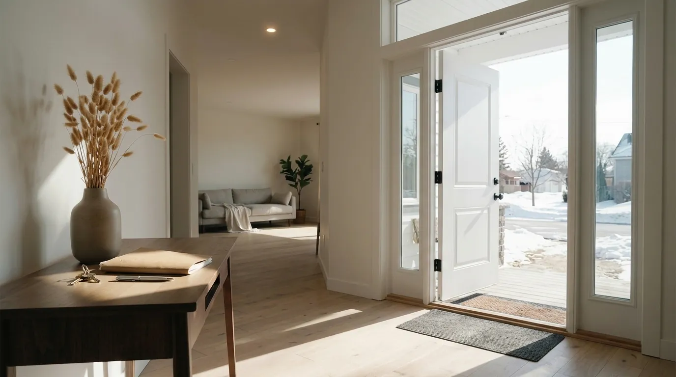 An open front door onto a bright hallway, the alternatives to foreclosure still open in Cochrane