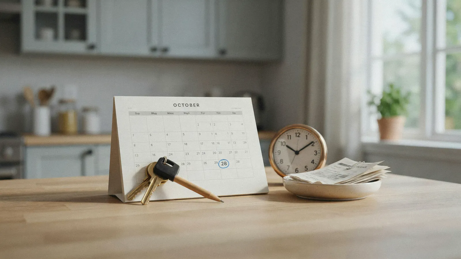 House keys resting beside a paper calendar with a date circled, marking the foreclosure timeline in Cochrane