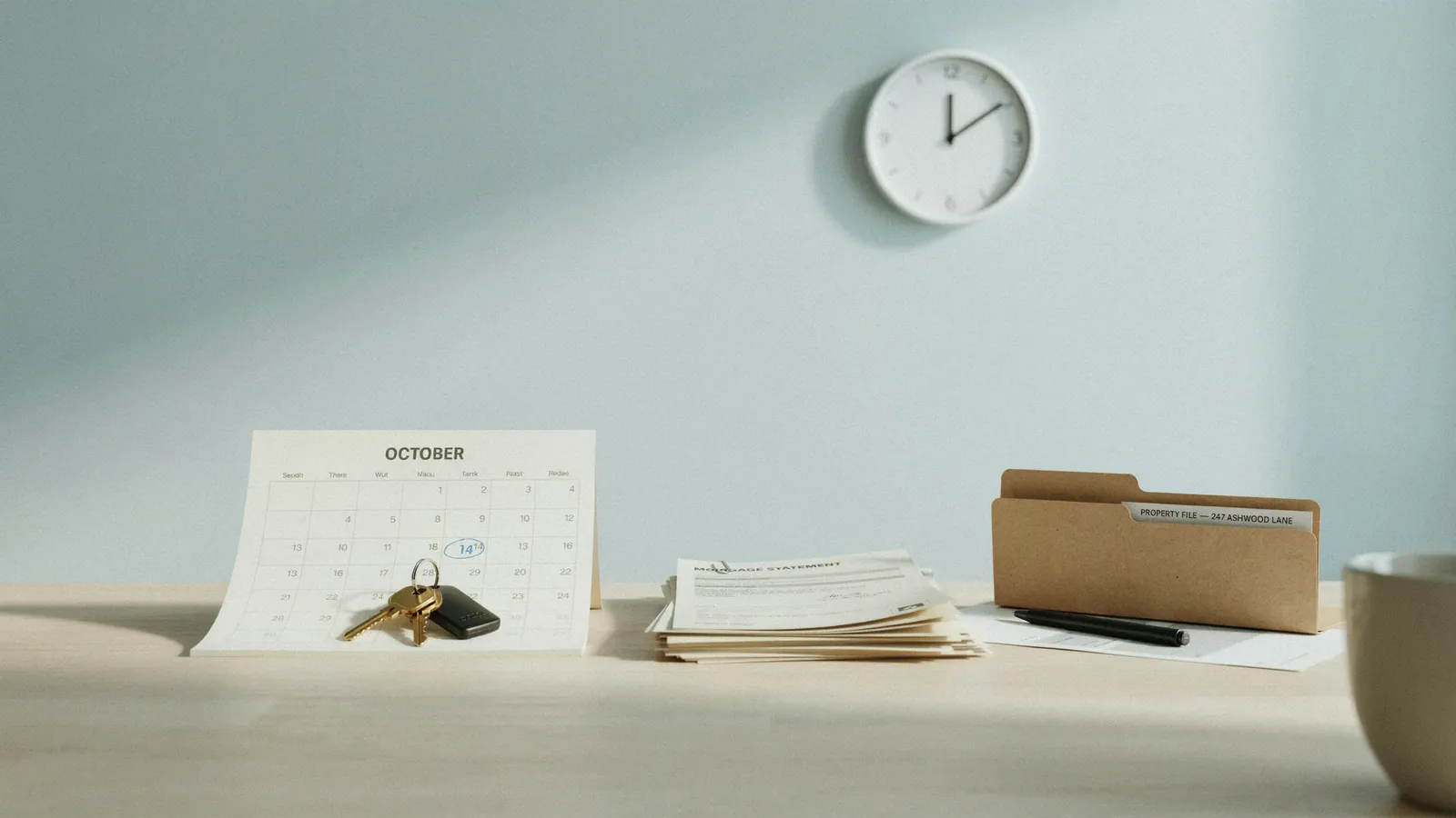 A residential property file open on a desk with calendar pages and a pen, showing how the foreclosure process in Cochrane moves stage by stage